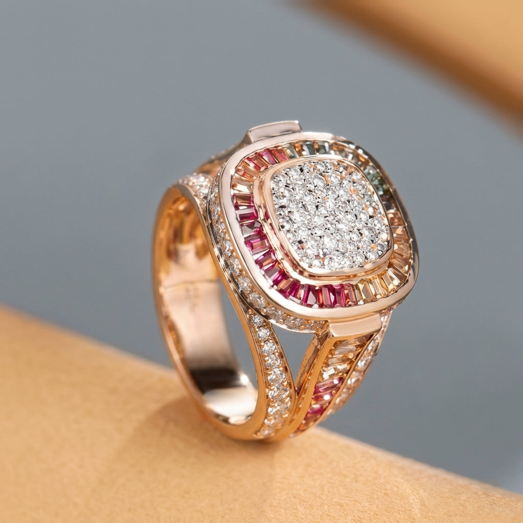 18K Rose Gold Dopamine Palette Gradient Colored Gemstone Diamond Ring, approx. 10 g total weight, 10 g metal