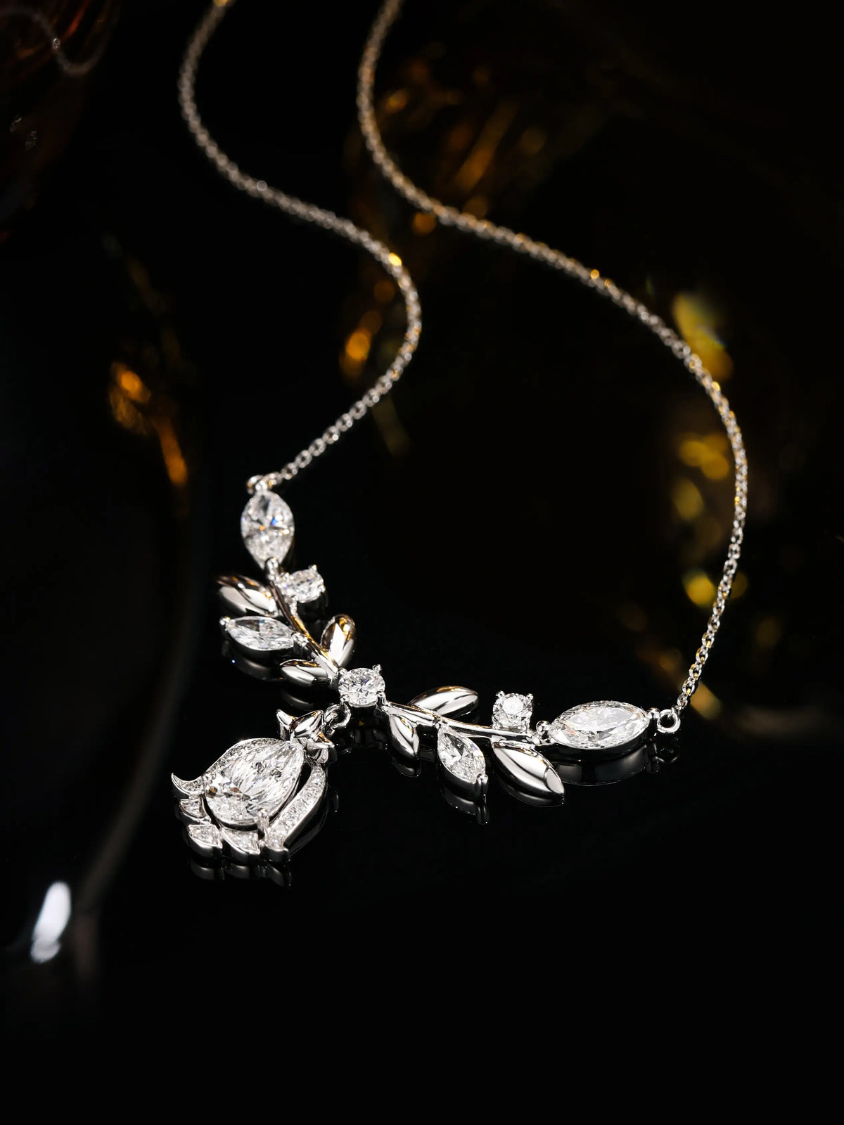 Laurel Goddess Diamond Necklace, 1.09 ct Pear Center, PT950 Platinum, 7.7 g