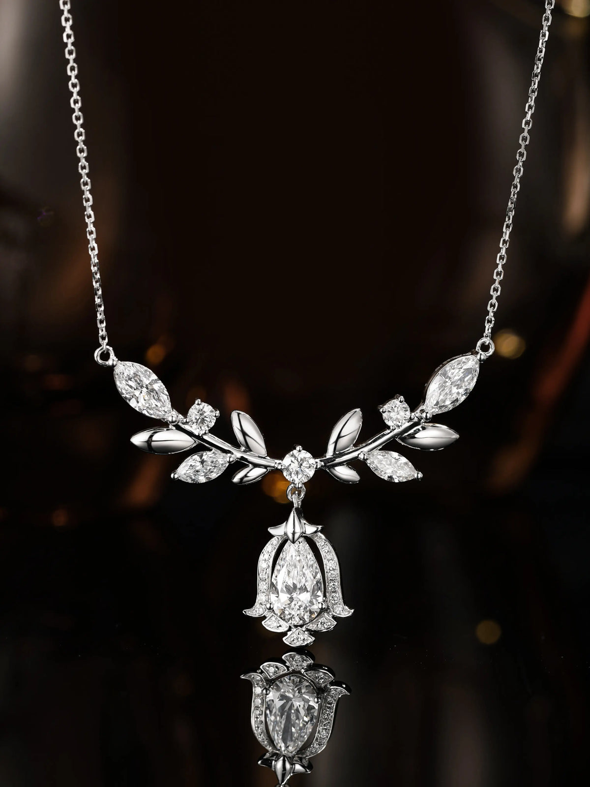Laurel Goddess Diamond Necklace, 1.09 ct Pear Center, PT950 Platinum, 7.7 g