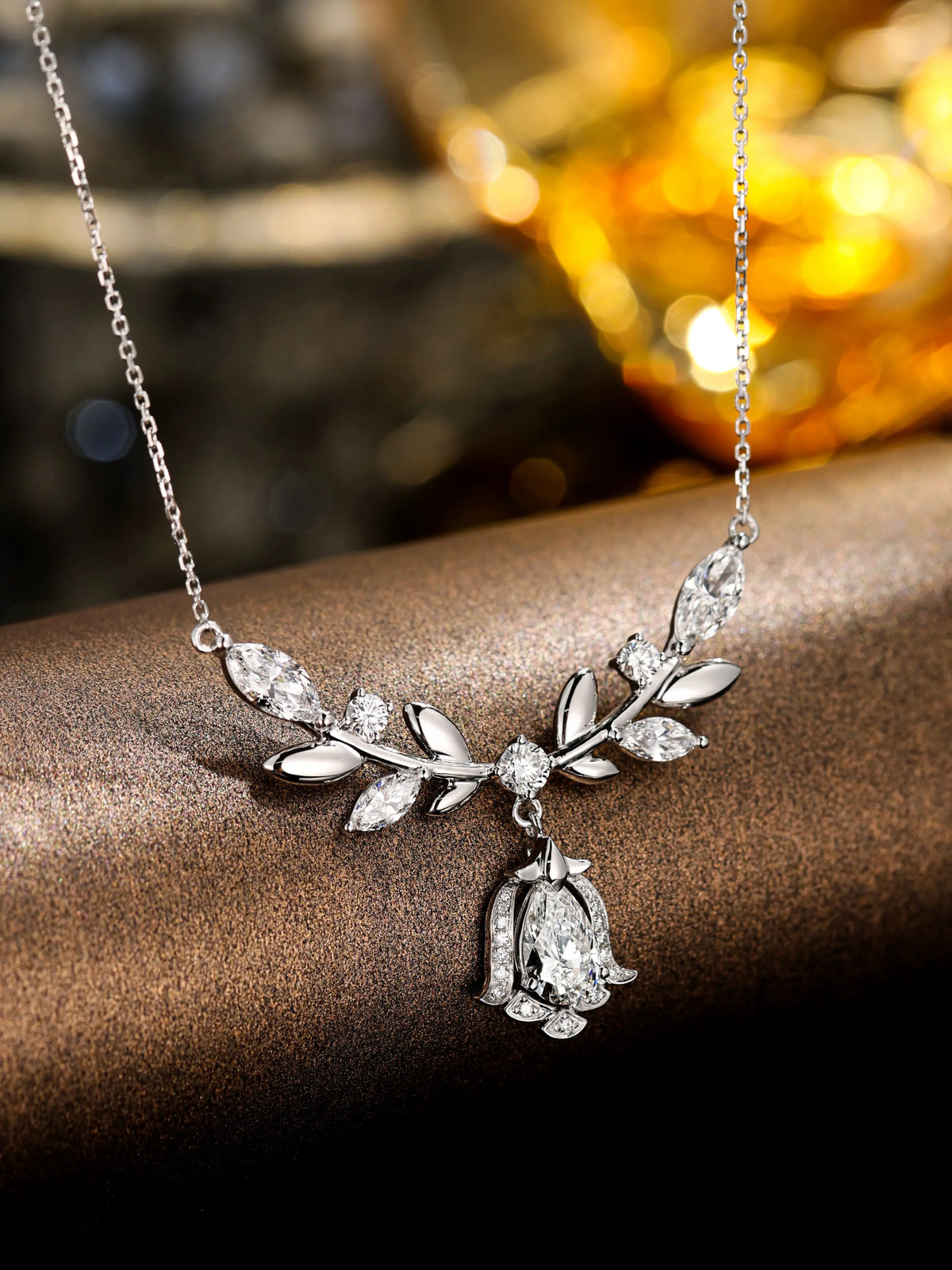 Laurel Goddess Diamond Necklace, 1.09 ct Pear Center, PT950 Platinum, 7.7 g