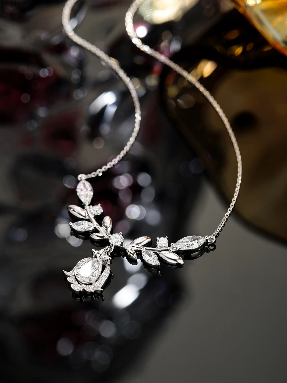 Laurel Goddess Diamond Necklace, 1.09 ct Pear Center, PT950 Platinum, 7.7 g
