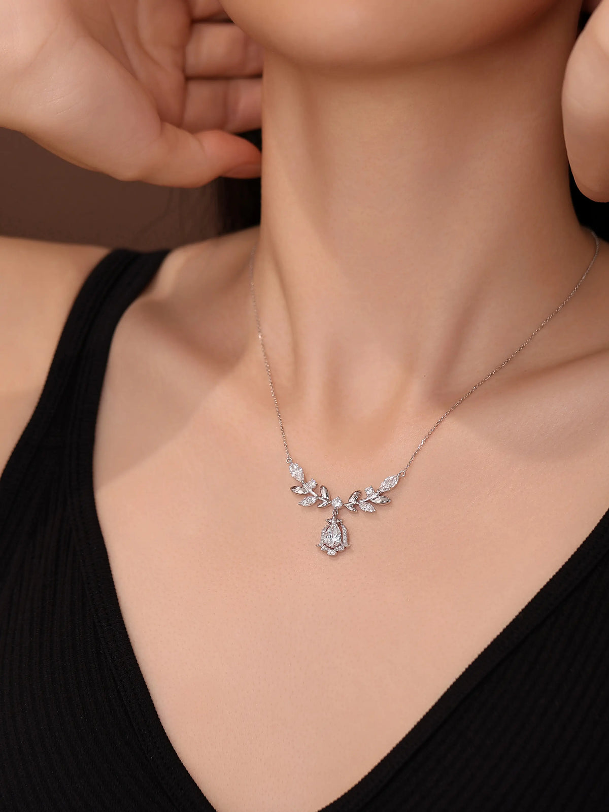 Laurel Goddess Diamond Necklace, 1.09 ct Pear Center, PT950 Platinum, 7.7 g