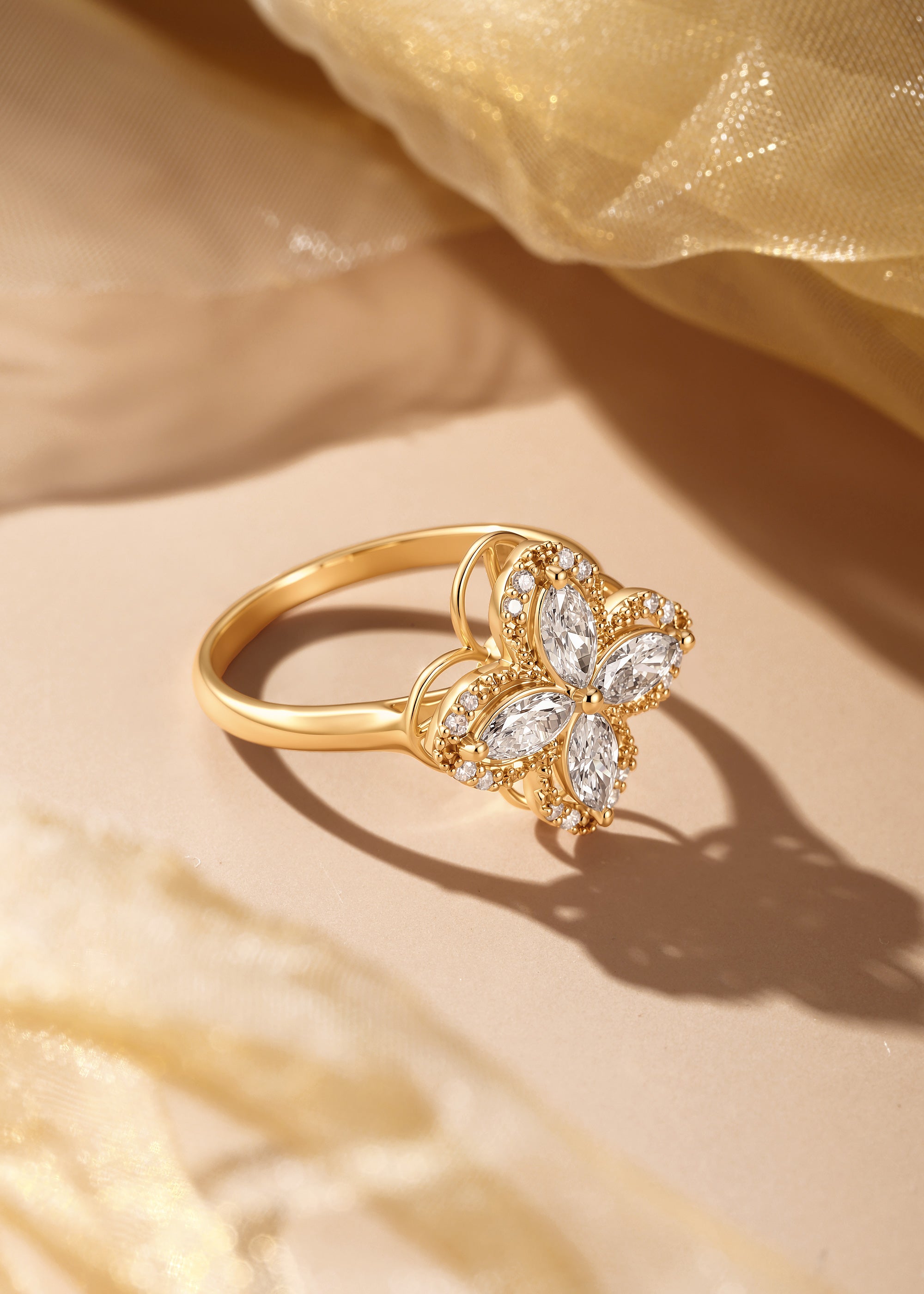 Four-Leaf Clover Diamond Ring, 0.60 ctw Marquise, 18K Gold, 3.9 g
