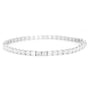 A silver tennis bracelet featuring a continuous row of baguette-cut clear gemstones in a prong setting, displayed against a solid white background.