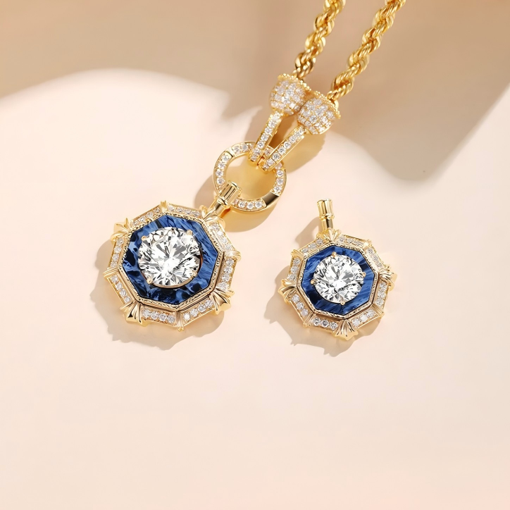 18K Yellow Gold Octagonal Vintage Pendant, 2.00 center stone, D-E VS [with 18K Yellow Gold 23.6 inches enhancer twist chain, approx. 8 g], 2.00 ct, 8 g metal