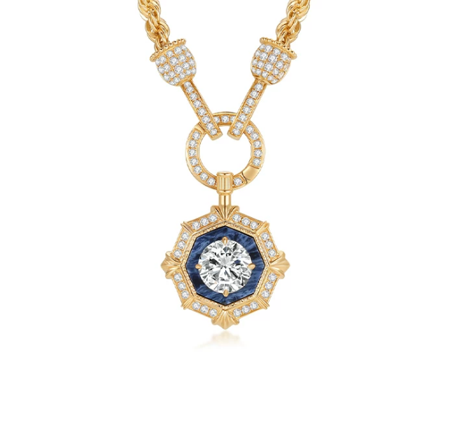 18K Yellow Gold Octagonal Vintage Pendant, 1.00 ct center stone, D-E VS [with 18K Yellow Gold cross-link chain, approx. 1.8 g]