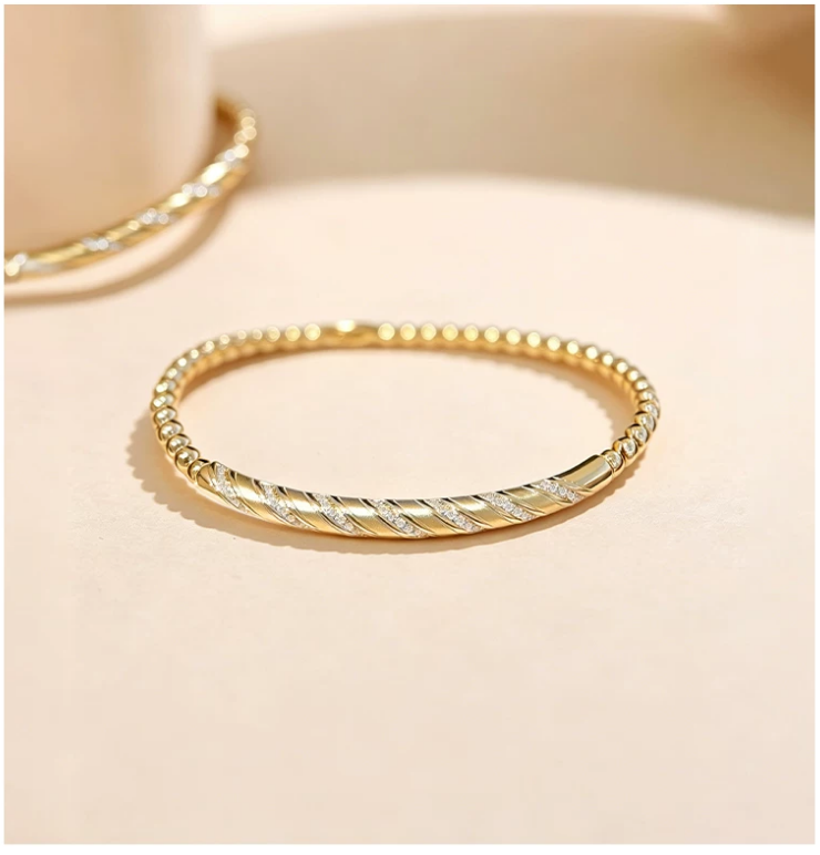 9K Yellow Gold Color Twisted Rope Bangle, 0.20ctw