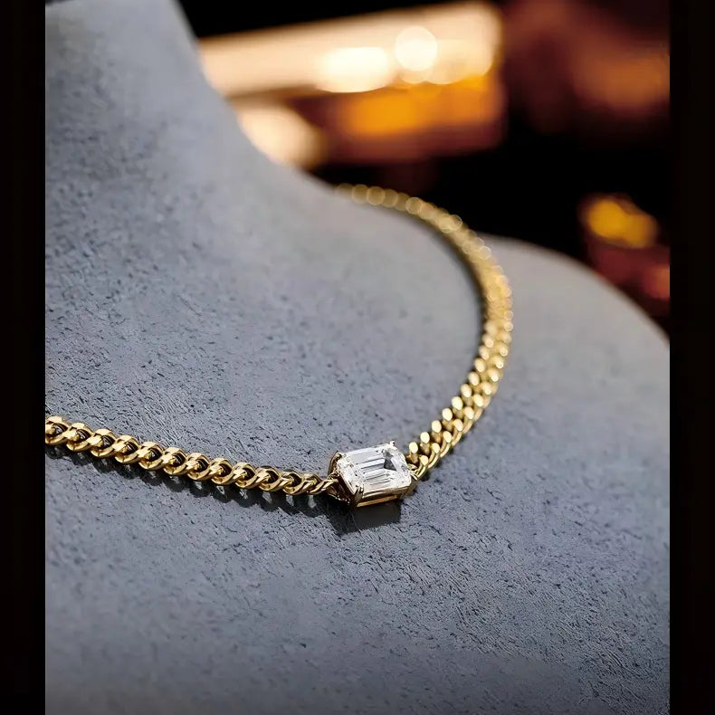 18K Yellow Gold Emerald-Cut Cuban Choker Necklace, 1.00 ct