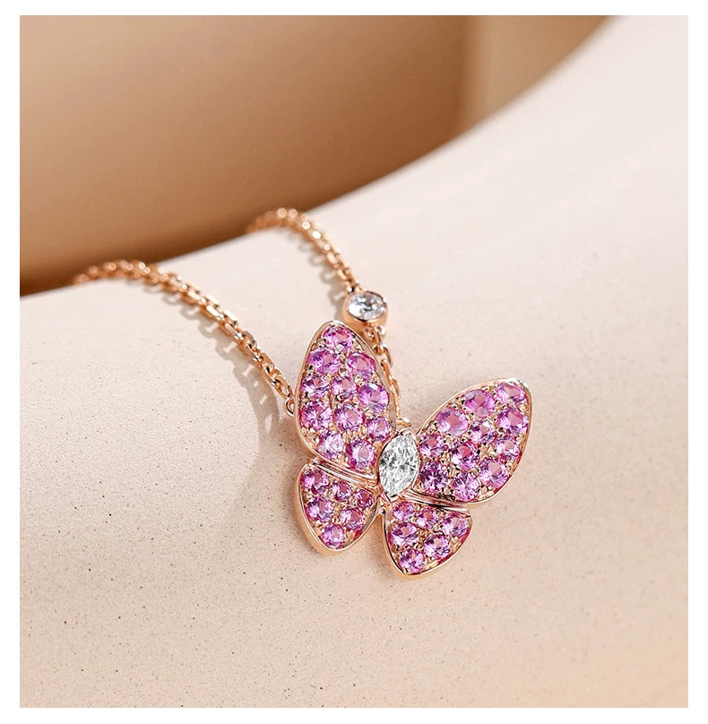 18K Rose Gold Marquise Pink & Blue Sapphire Butterfly Necklace, 0.10 ct center stone