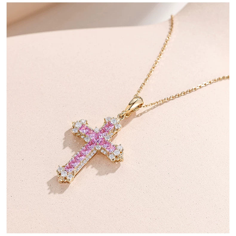 18K Yellow Gold Pink Sapphire Iris Cross Pendant, approx. 3 g total weight