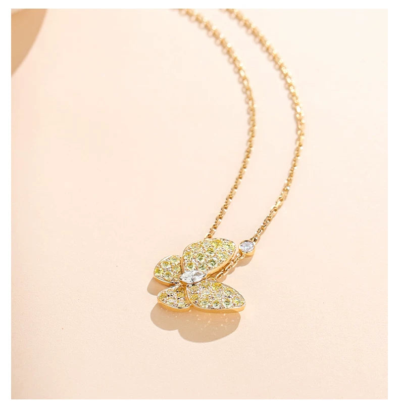 18K Yellow Gold Marquise Yellow Diamond Butterfly Necklace, 0.10 ct center stone