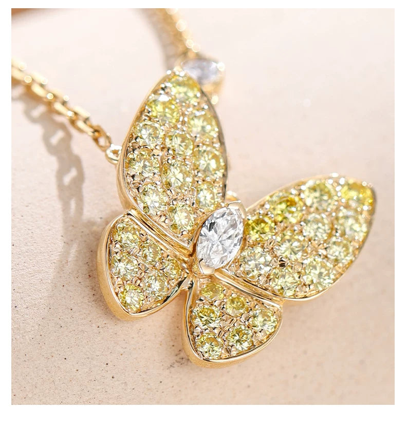 18K Yellow Gold Marquise Yellow Diamond Butterfly Necklace, 0.10 ct center stone