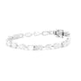A silver tennis bracelet featuring a series of marquise and rectangular-cut clear gemstones, displayed on a clean white background.