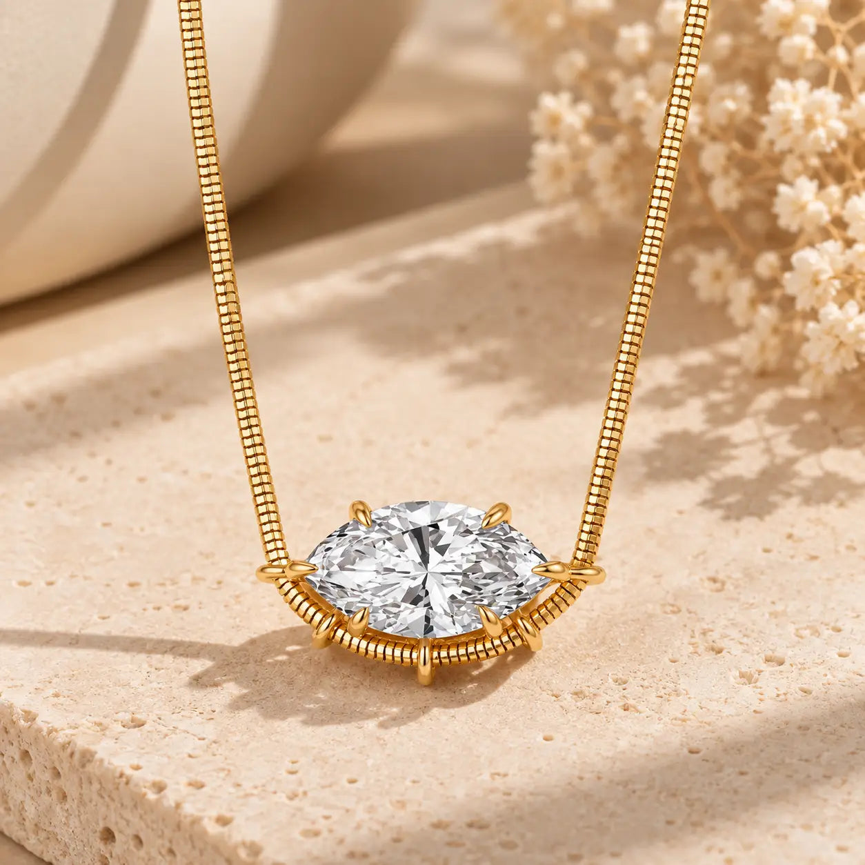 Marquise Diamond Pendant Necklace, 5.03 ct Marquise Center, 18K Yellow Gold, 8.3 g