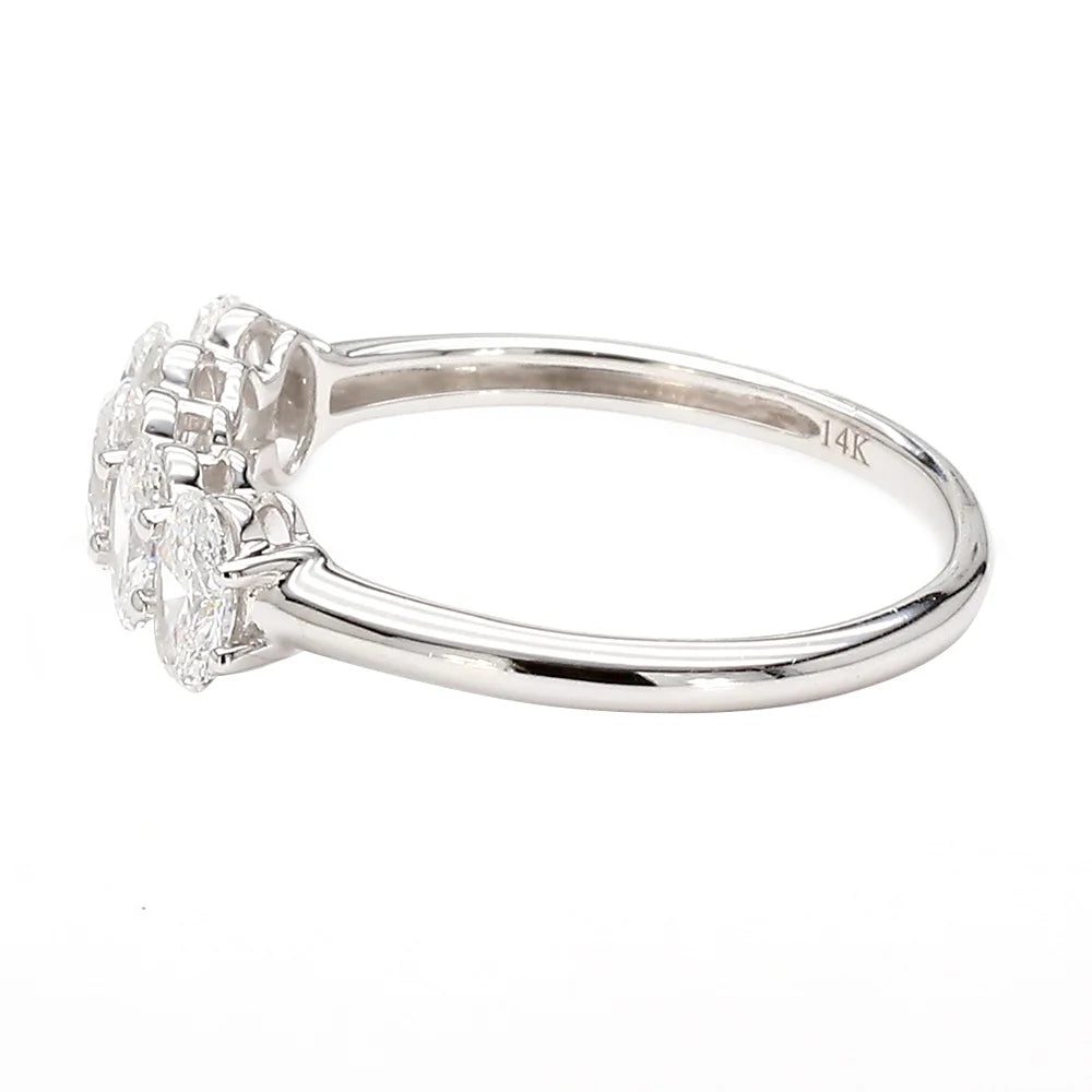 A silver-toned diamond ring with a cluster of marquise-cut and round diamonds, shown in a side profile view on a white background.