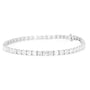 A silver tennis bracelet featuring baguette-cut clear stones, displayed in a horizontal oval shape against a plain white background.