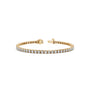 A gold tennis bracelet with a continuous row of clear round-cut gemstones, displayed on a clean white background.