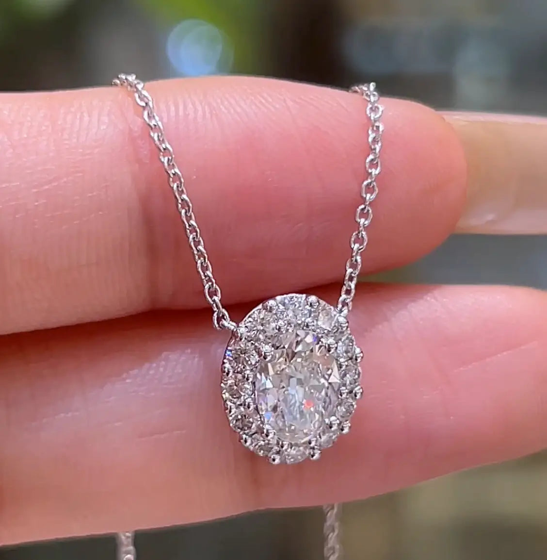 Lab-Grown Oval Diamond Halo Pendant Necklace, 5.00 ct Oval Center, 18 inches