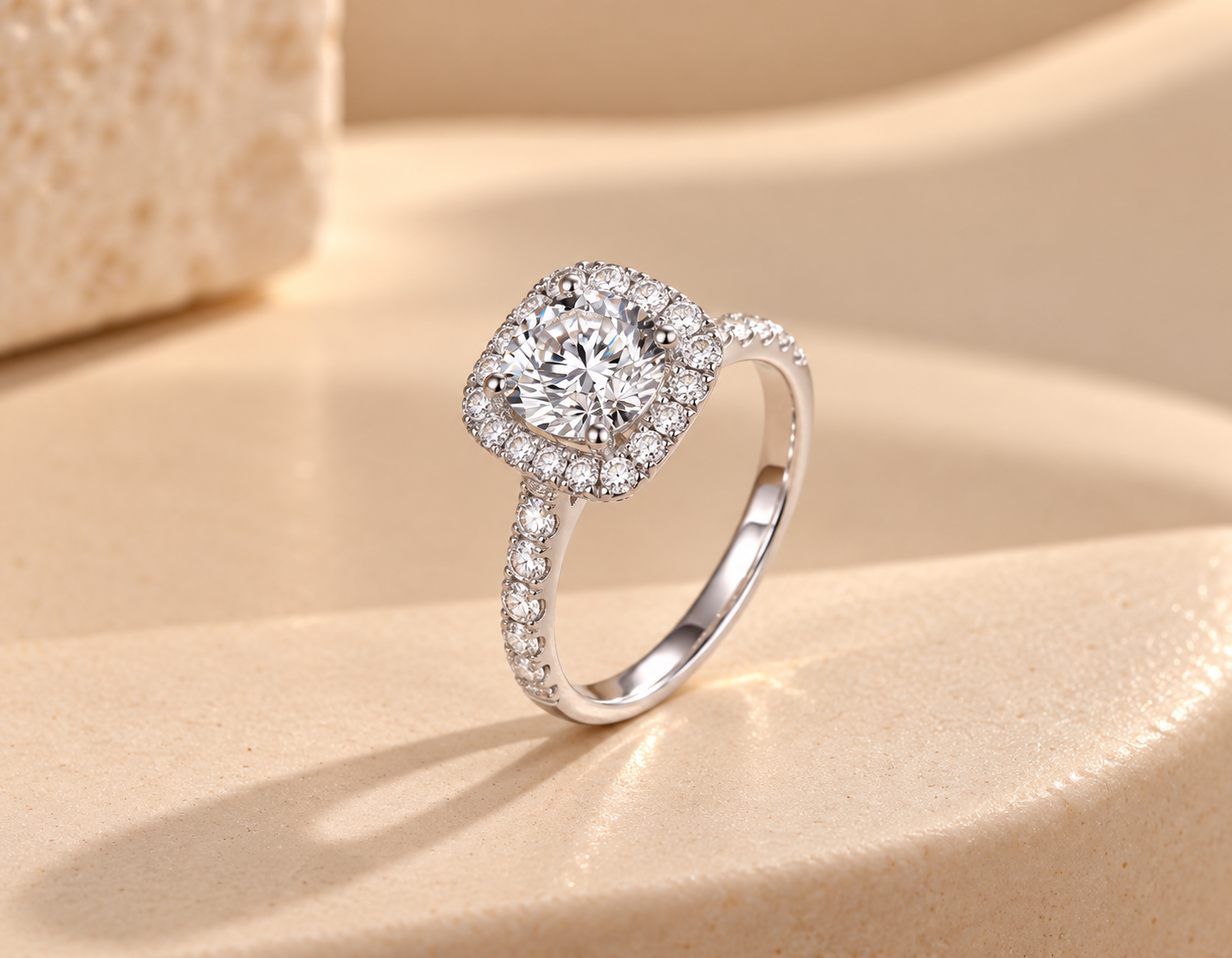 Square Halo Diamond Ring, 1.51 ct Round Center, 18K White Gold, 3.9 g