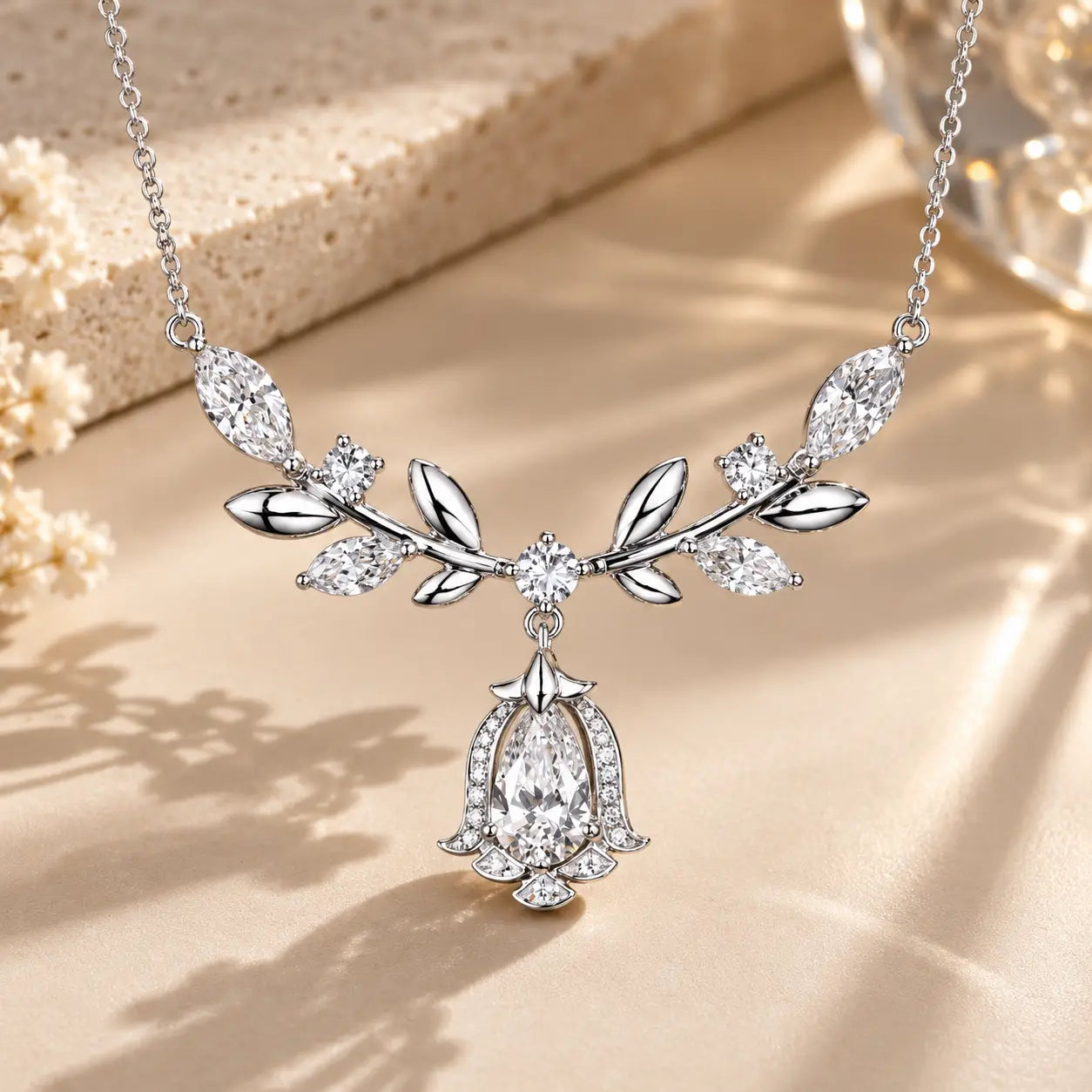 Laurel Goddess Diamond Necklace, 1.09 ct Pear Center, PT950 Platinum, 7.7 g