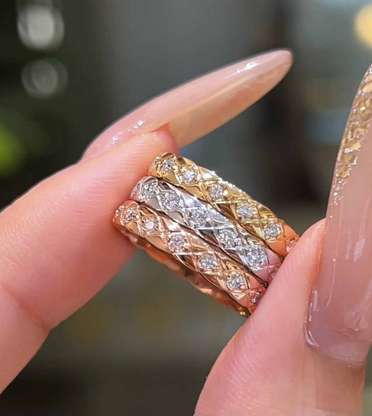 18K Tri-Gold Quilted Pavé Diamond Stackable Band Set, 0.30–0.50 ctw per band (Price Per Band)