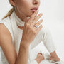 A close-up lifestyle shot of a model wearing a silver ring set with clear gemstones on her finger, dressed in a white sleeveless top and white heeled mules against a clean white background.