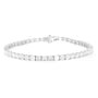 A silver tennis bracelet featuring baguette-cut clear gemstones in a continuous row, displayed on a clean white background.