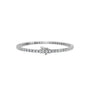 A silver tennis bracelet with a central clasp, featuring a row of clear round-cut stones, shown against a plain white background.